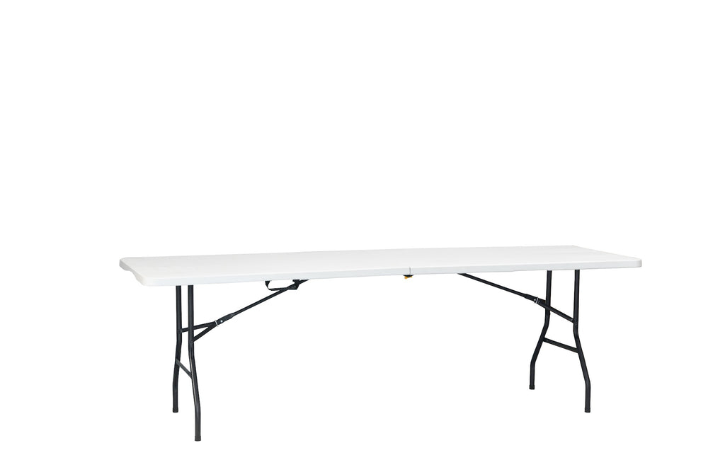 Marcolo 240×74 cm white centerfold folding table with grey steel legs, open