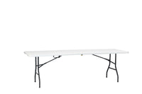 Marcolo 240×74 cm white centerfold folding table with grey steel legs, open