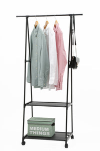 Smart 2-Tier Garment Rack with Wheels, 55×42×160 cm, Black – with clothes and storage box