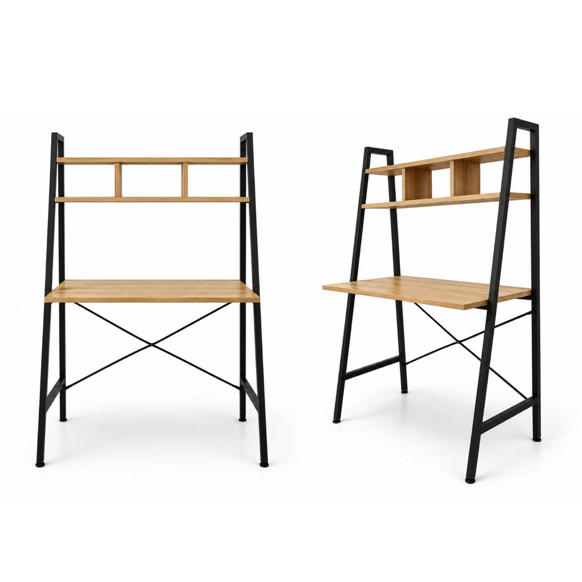 Casa Ladder Study Desk with Shelves, 84×47×141 cm, Wood Look & Black – front and side views