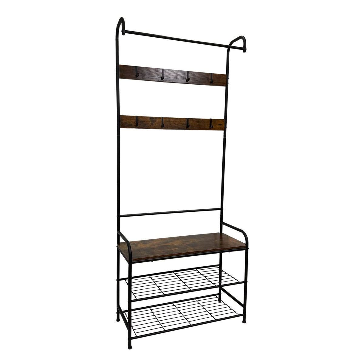 Flexi Entryway Rack with Wooden Shelf, 8 Hooks & 2-Tier Shoe Storage – side-angle view