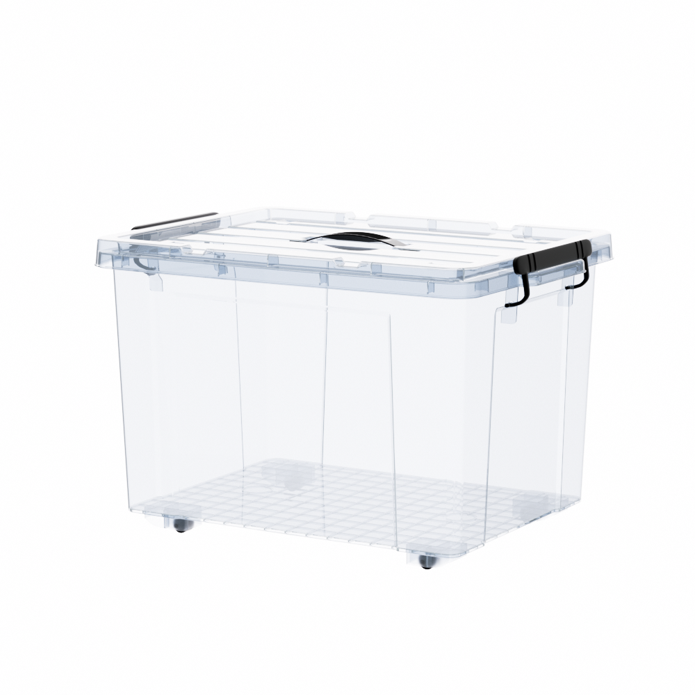 48L Clear Storage Box with Locking Lid & Side Handles – angled view