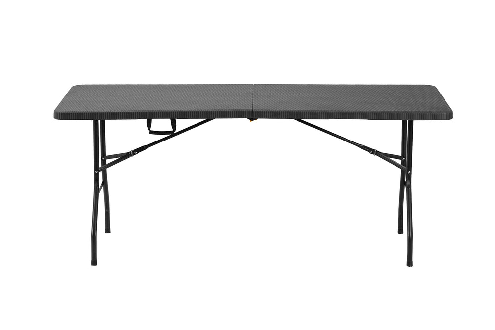 6 ft Rattan-Style Rectangular Folding Table, 180×70×74 cm, Black – front view