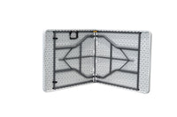 180×74 cm centerfold folding table – underside view, opened with steel frame and handle