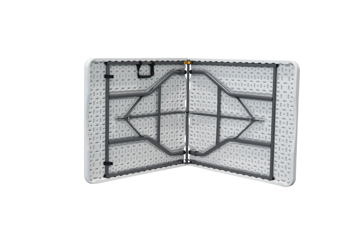 180×74 cm centerfold folding table – underside view, opened with steel frame and handle
