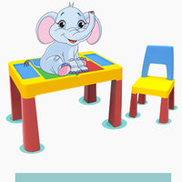 Yellow and brown kids activity table with blue chair