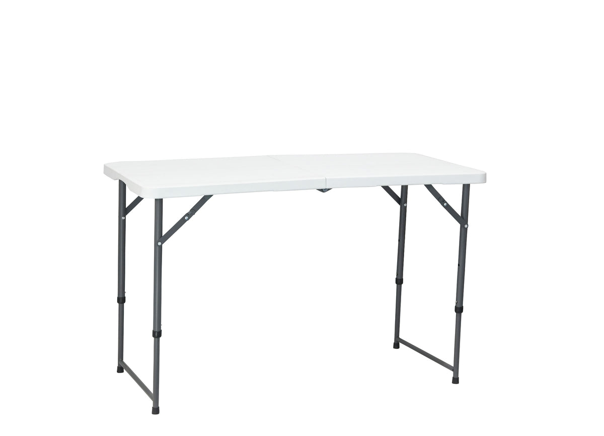 120×60 cm dual-height centerfold folding table – angled view, legs at full height
