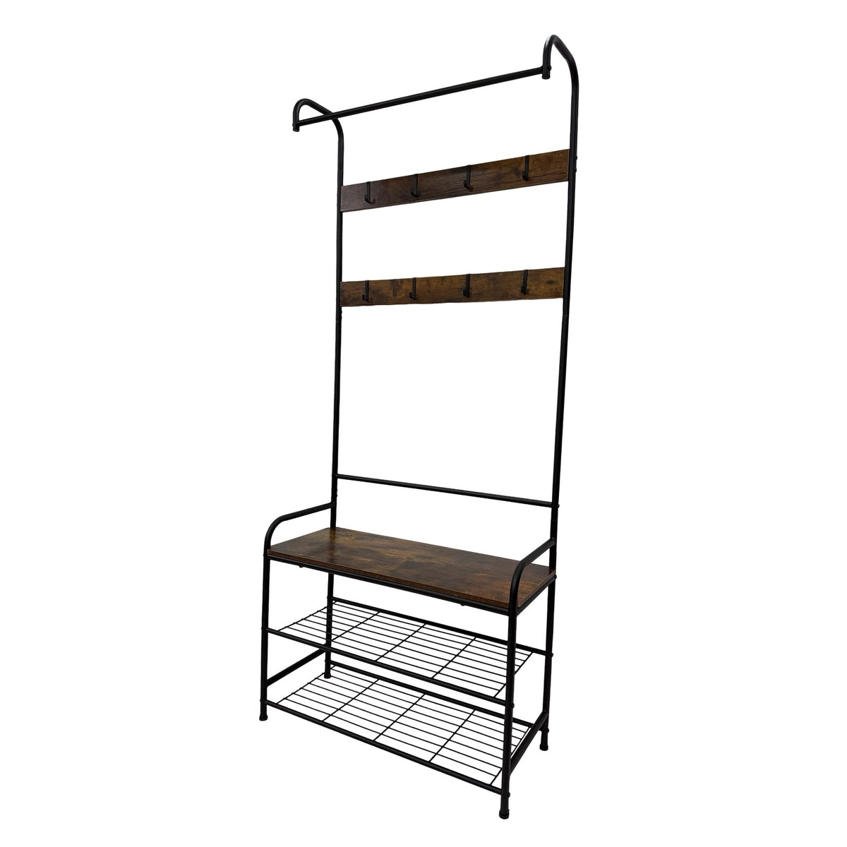 Flexi Entryway Rack with Wooden Shelf, 8 Hooks & 2-Tier Shoe Storage – angled view