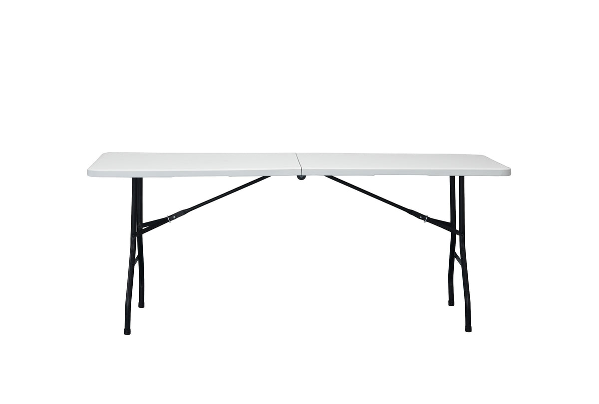 180×70 cm centerfold folding table with steel legs – front view