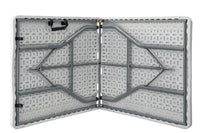 152×70 cm centerfold folding table – underside view, opened with steel frame and handle
