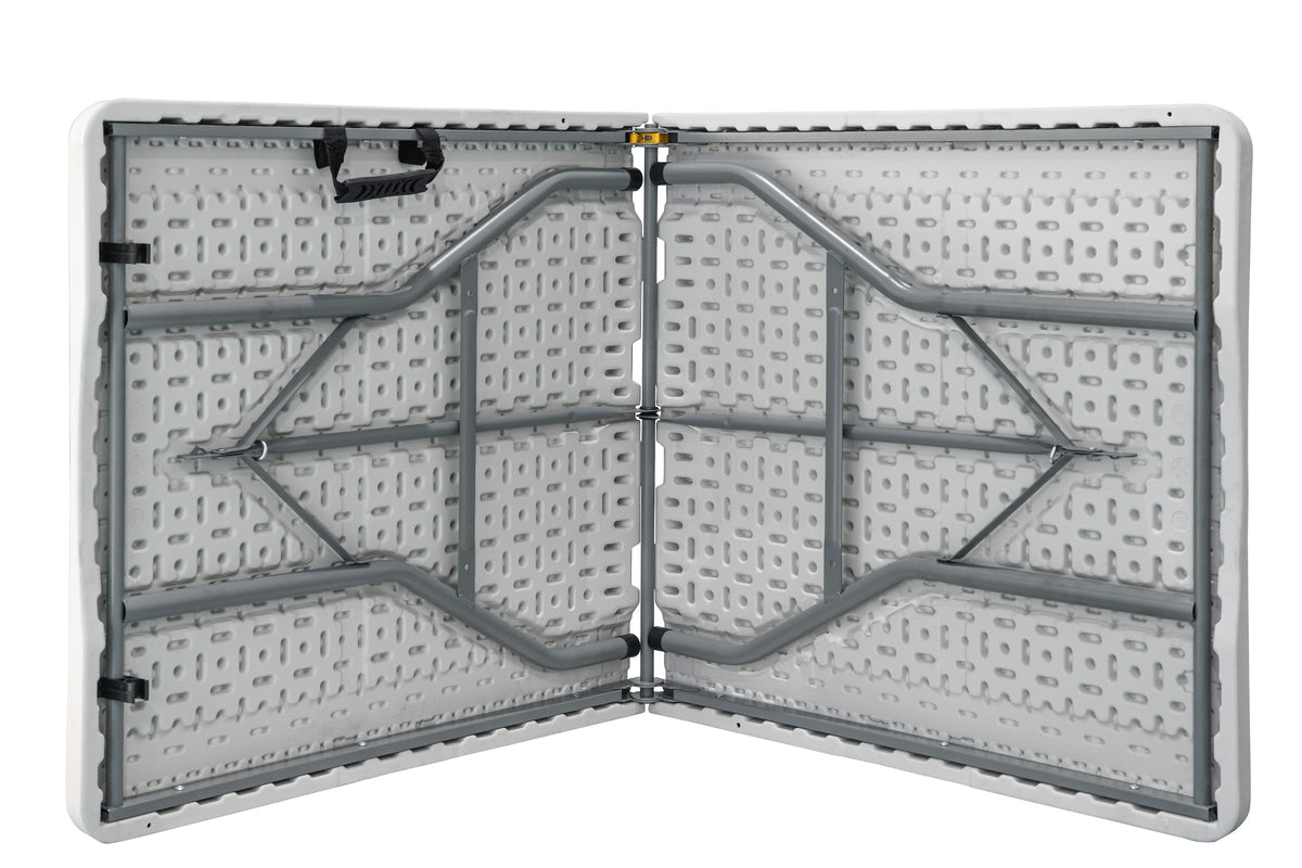 152×70 cm centerfold folding table – underside view, opened with steel frame and handle