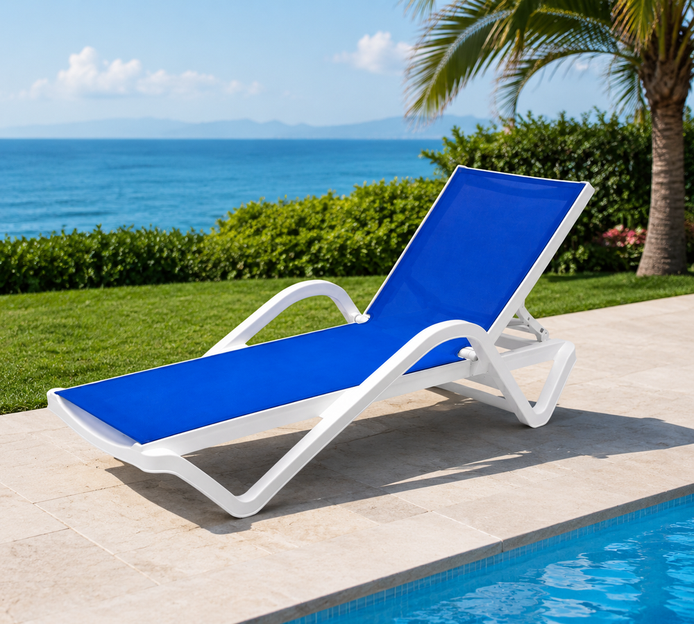 Java Textilene Sun Lounger, White Frame & Blue Fabric – poolside with sea view