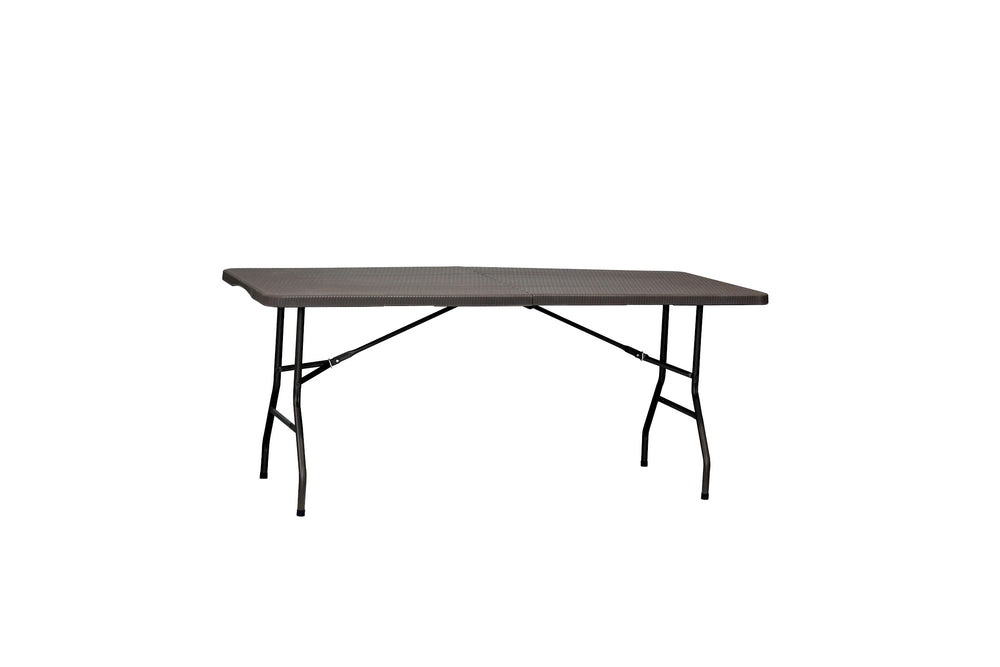 Marcolo 6 ft black rattan-style folding table, front view