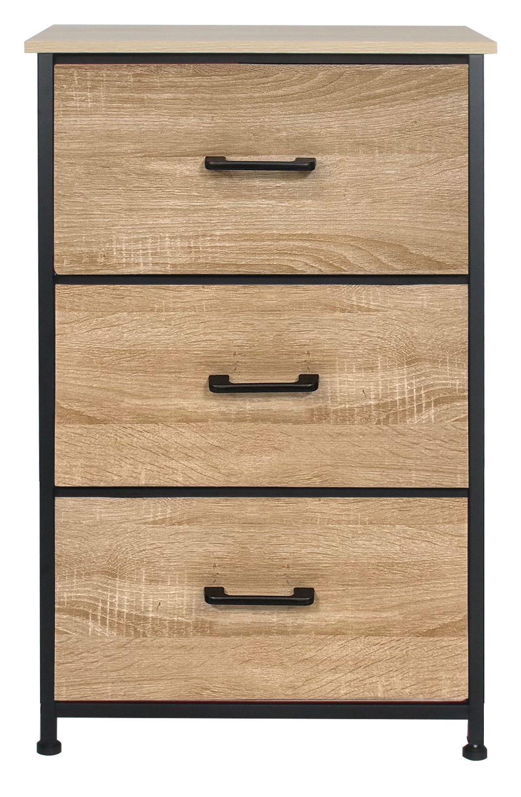 Nova Fabric Drawer Dresser, Oak Look & Black – 3 Drawers, front view
