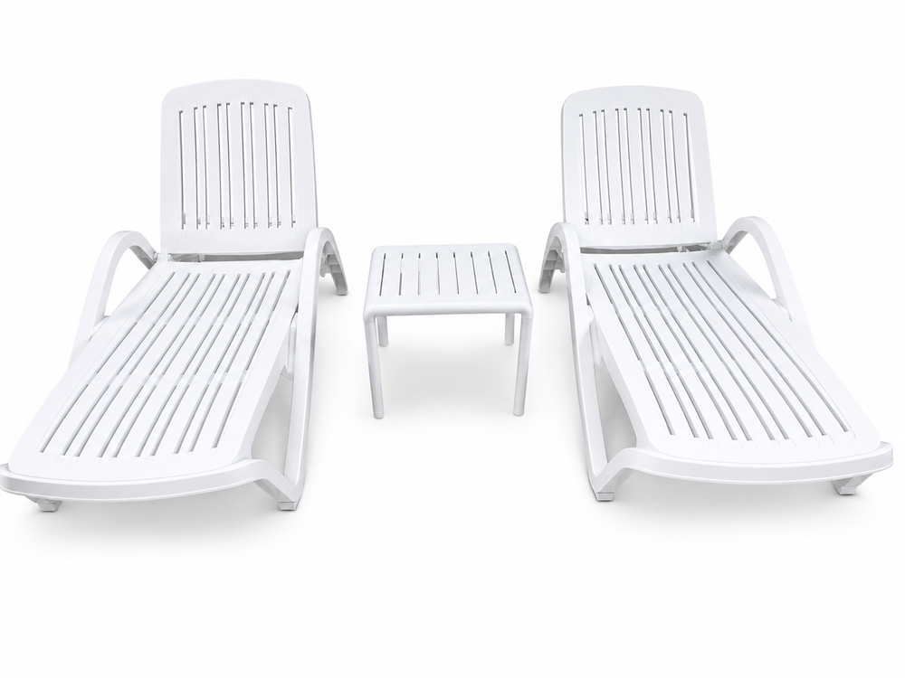 Two white Marbella sun loungers with an Ibiza side table, shown without cushions