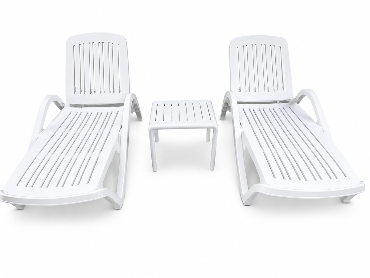 Two white Marbella sun loungers with an Ibiza side table, shown without cushions