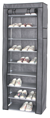 Easy 9-Tier Covered Shoe Rack, 60×30×158 cm, Grey – cover open with shoes