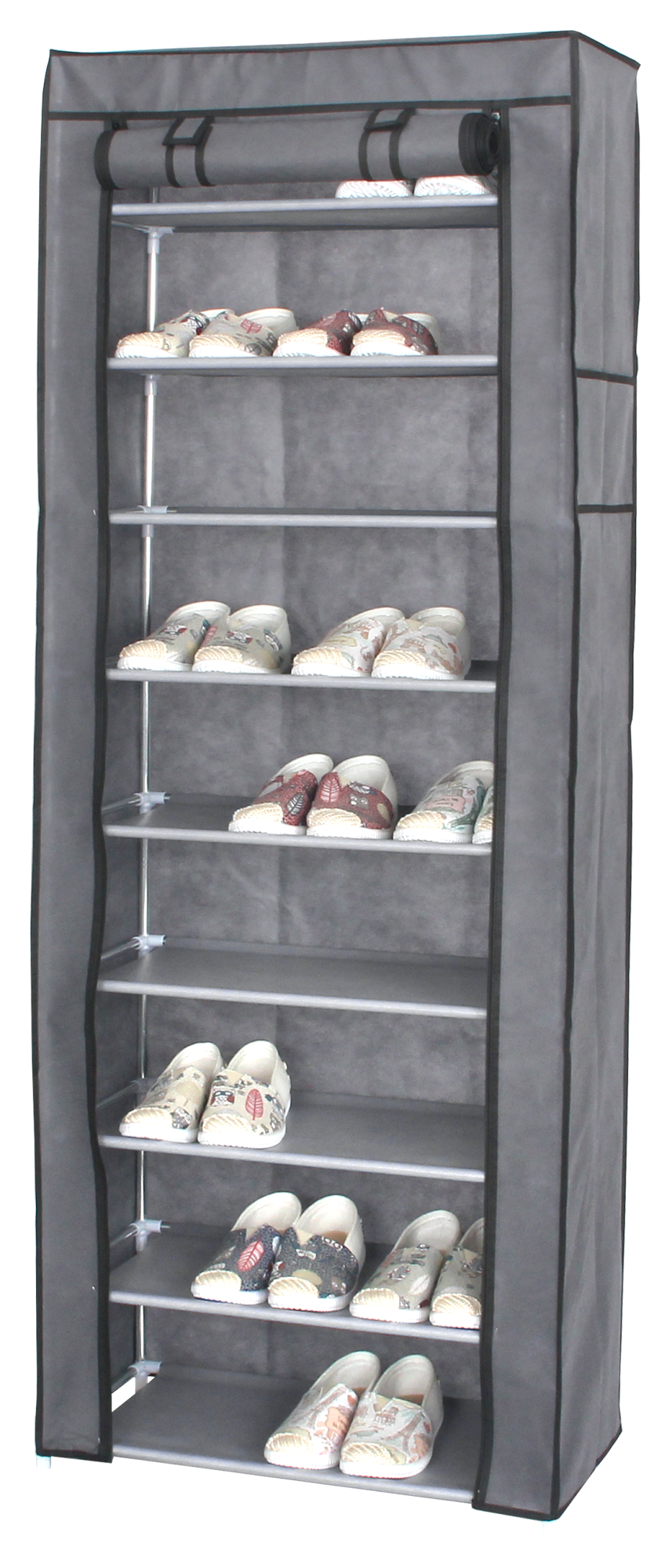 Easy 9-Tier Covered Shoe Rack, 60×30×158 cm, Grey – cover open with shoes