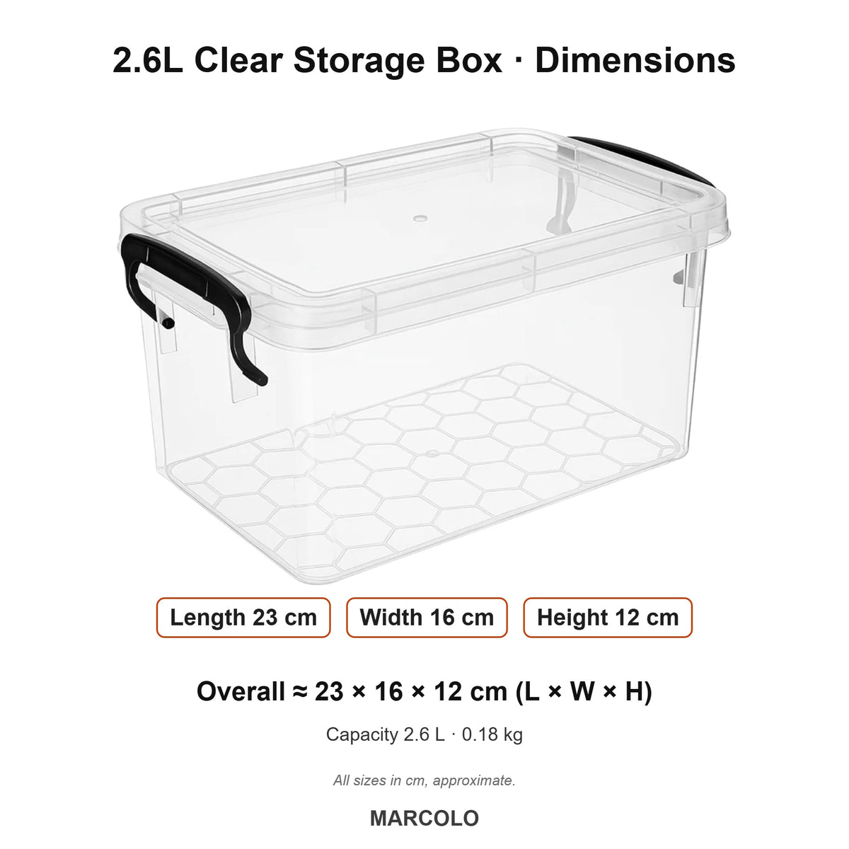 2.6L Clear Storage Box with Locking Lid – dimensions