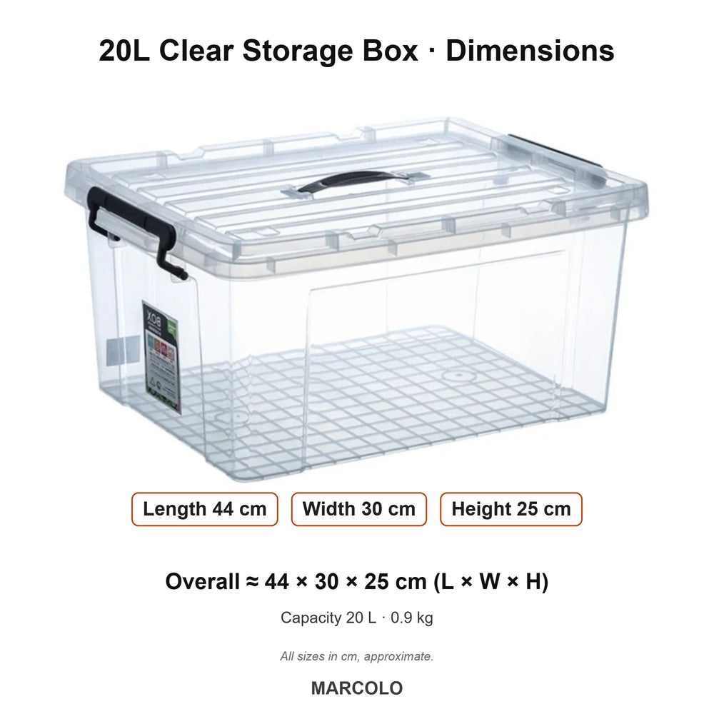 20L Clear Storage Box with Lid & Handles – dimensions
