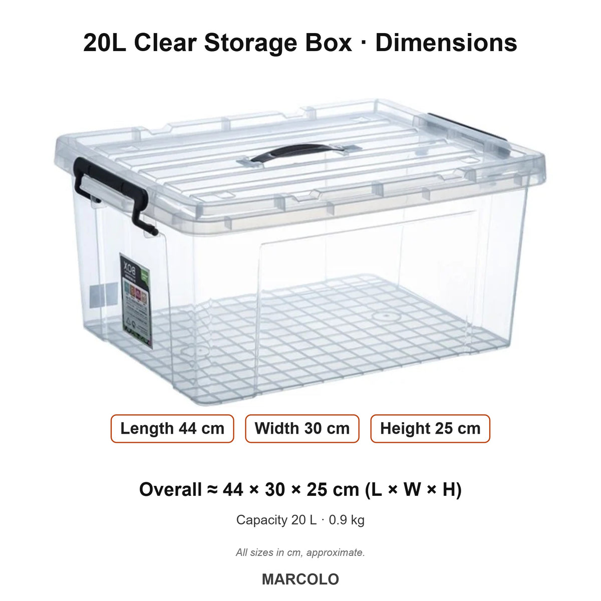 20L Clear Storage Box with Lid & Handles – dimensions