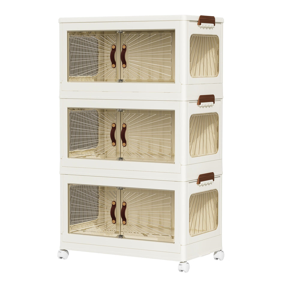 3-Layer Foldable Plastic Drawer Cabinet with Doors & Wheels (70X42X116 CM, White)