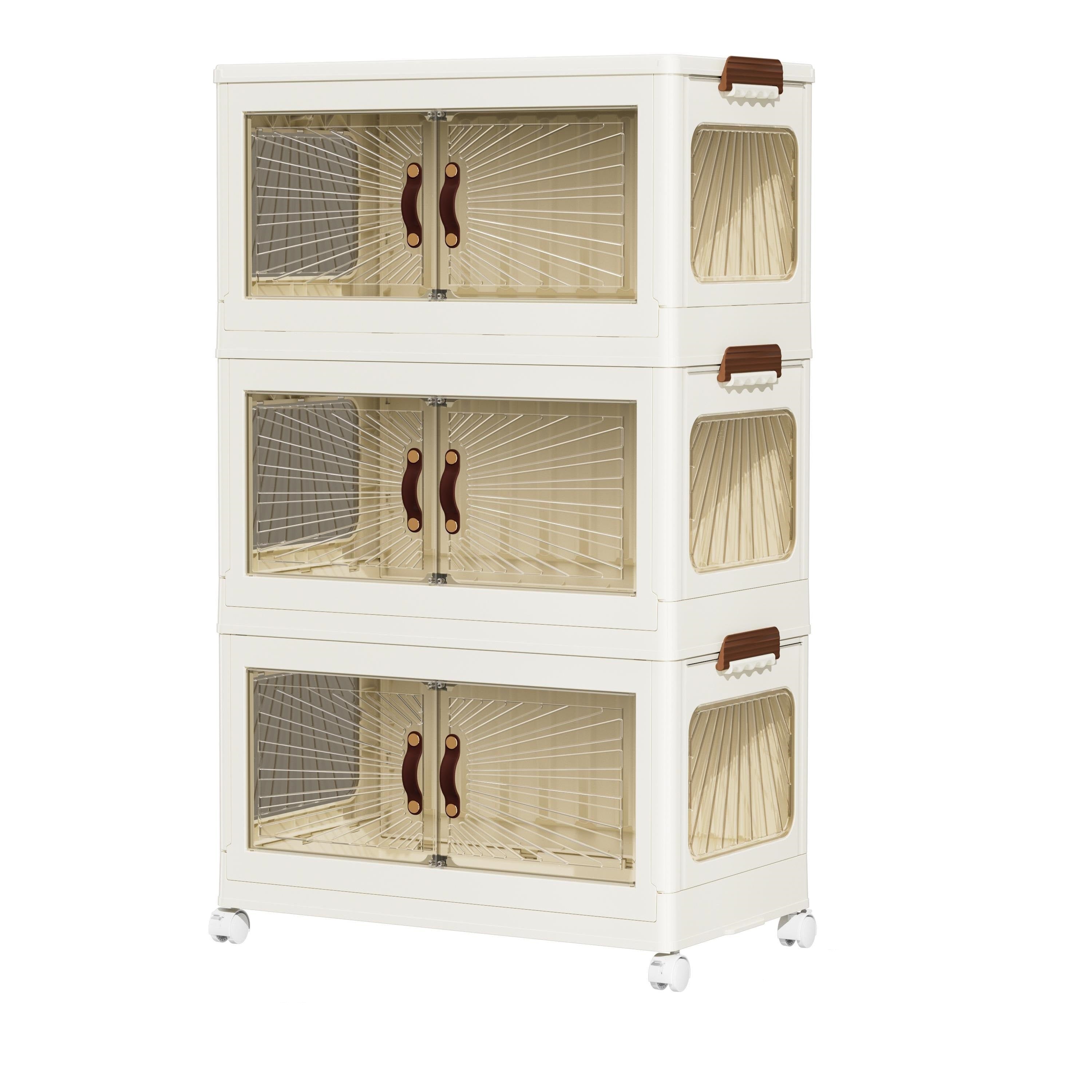 3-Layer Foldable Plastic Drawer Cabinet with Doors & Wheels (70X42X116 CM, White)