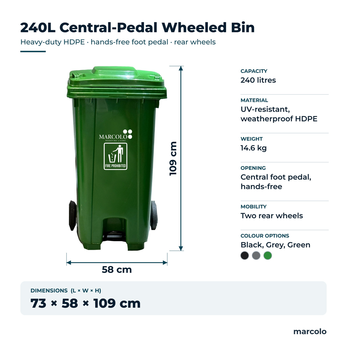 240L central-pedal wheeled bin, green: 73 × 58 × 109 cm, 14.6 kg, UV-resistant HDPE
