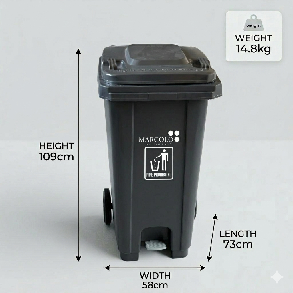 حاوية نفايات شديدة التحمّل 240L بعجلات ودواسة قدم وسطية وغطاء – HDPE مقاوم للأشعة فوق البنفسجية، 14.6 kg
