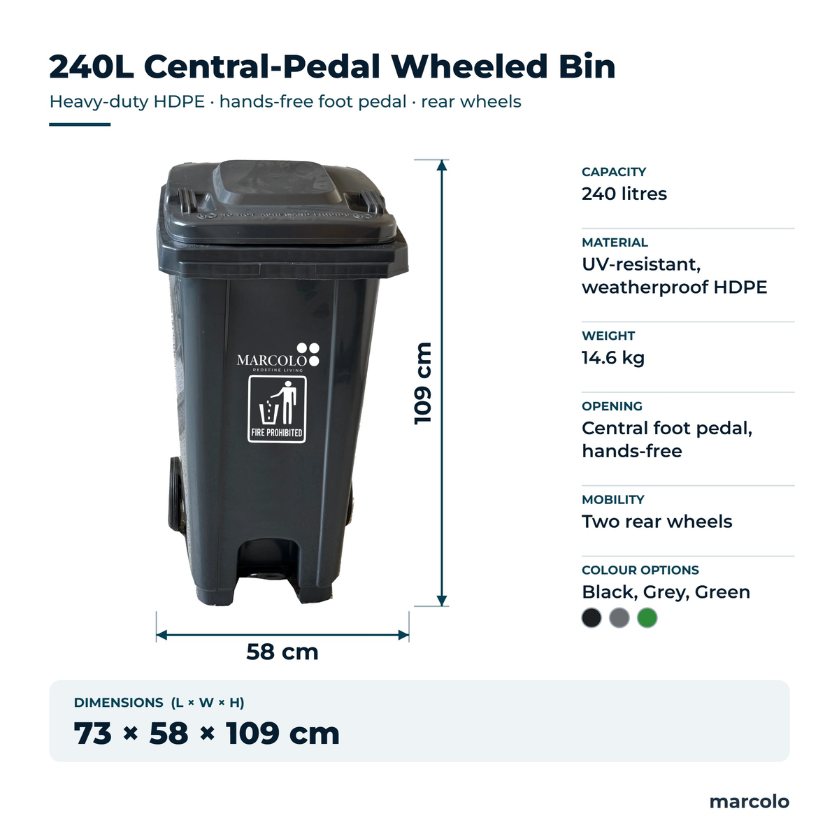 240L central-pedal wheeled bin, grey: 73 × 58 × 109 cm, 14.6 kg, UV-resistant HDPE