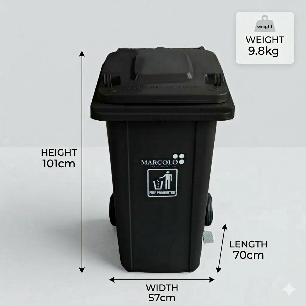 حاوية نفايات شديدة التحمّل 240L بعجلات ودواسة قدم وسطية وغطاء – HDPE مقاوم للأشعة فوق البنفسجية، 14.6 kg