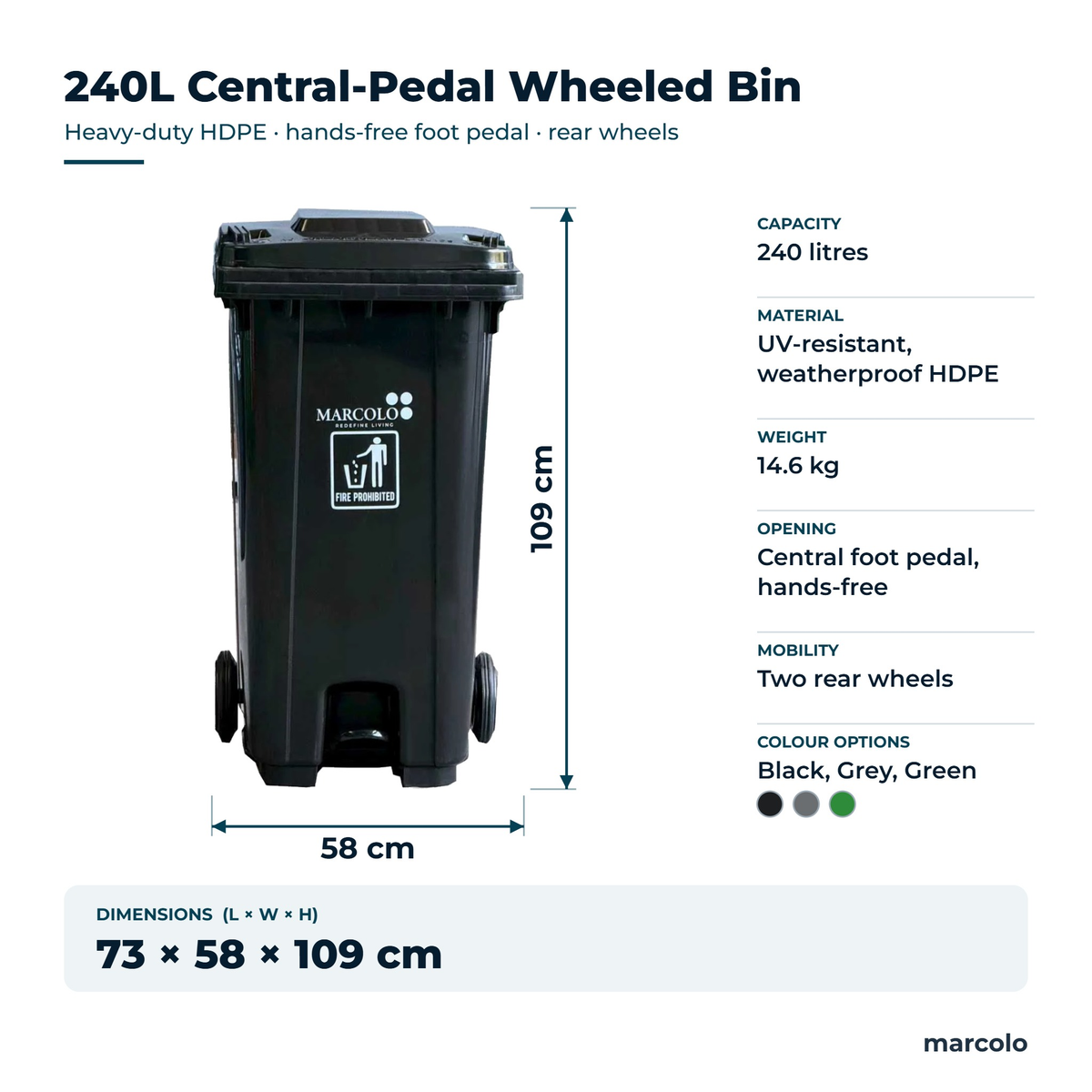 240L central-pedal wheeled bin, black: 73 × 58 × 109 cm, 14.6 kg, UV-resistant HDPE