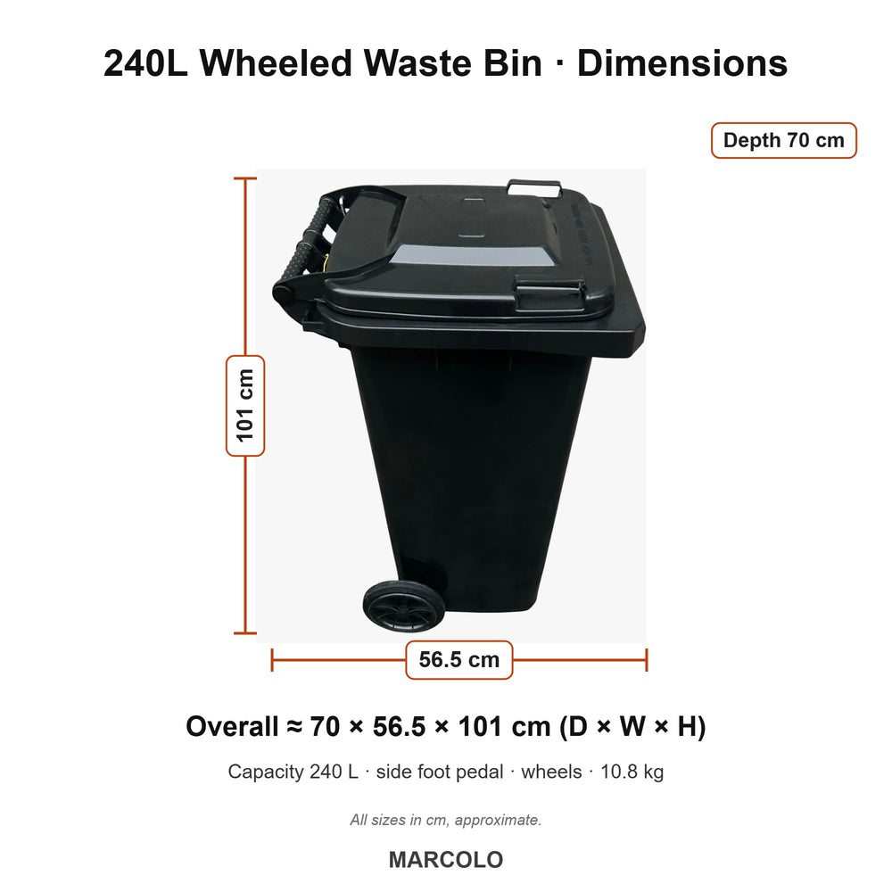 240L Wheeled Waste Bin with Side Foot Pedal – dimensions (Black)
