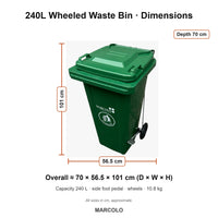 240L Wheeled Waste Bin with Side Foot Pedal – dimensions (Green)