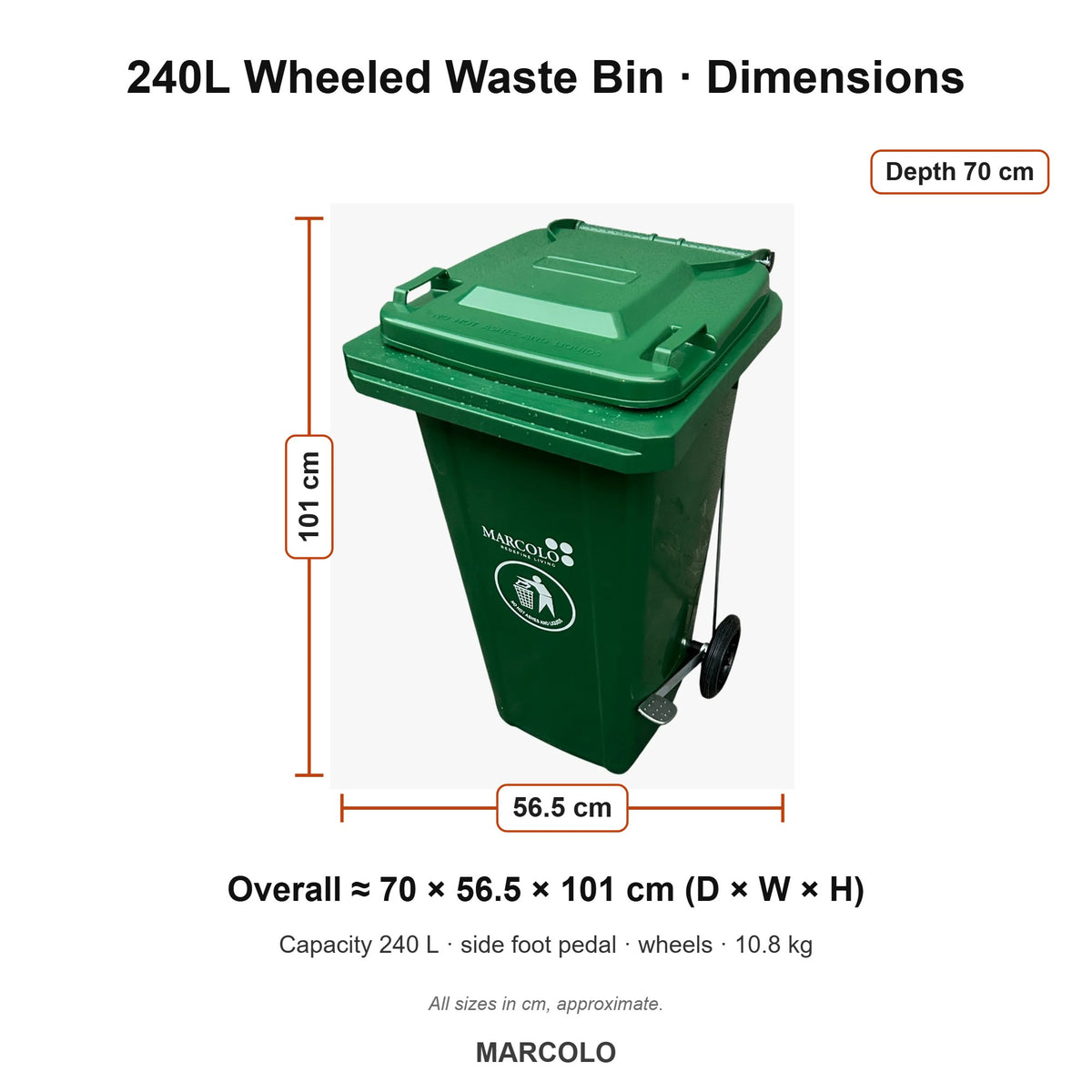 240L Wheeled Waste Bin with Side Foot Pedal – dimensions (Green)