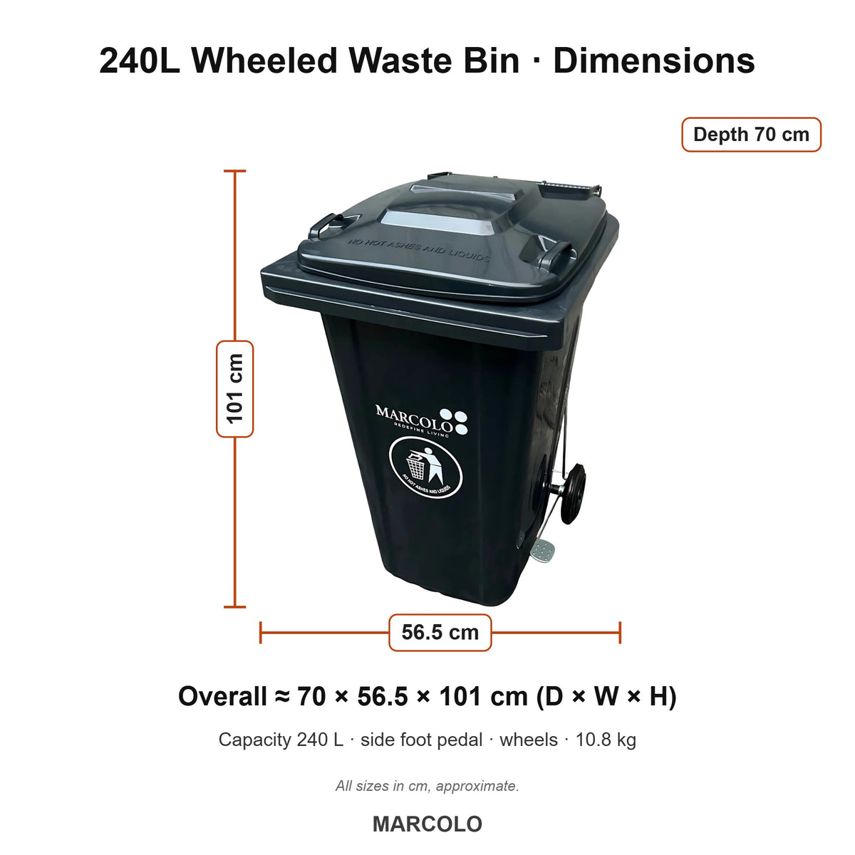 240L Wheeled Waste Bin with Side Foot Pedal – dimensions (Grey)