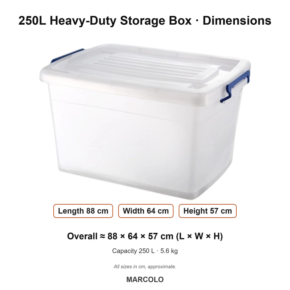 250L Heavy-Duty Plastic Storage Box with Locking Lid – dimensions