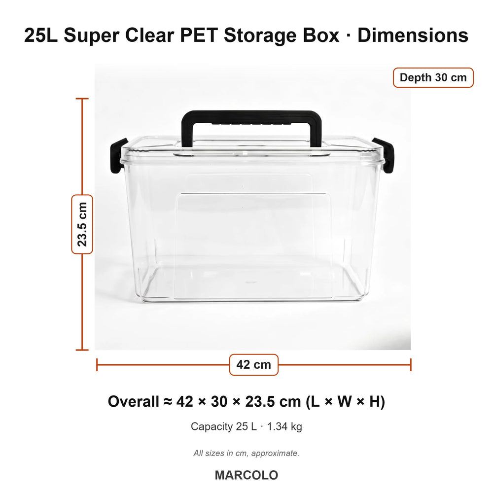 25L Super Clear PET Storage Box with Locking Lid – dimensions