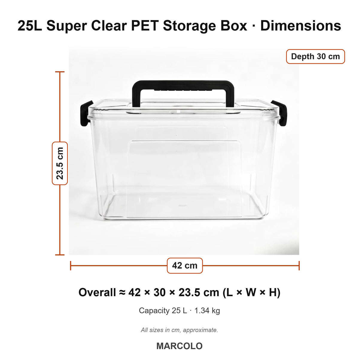 25L Super Clear PET Storage Box with Locking Lid – dimensions