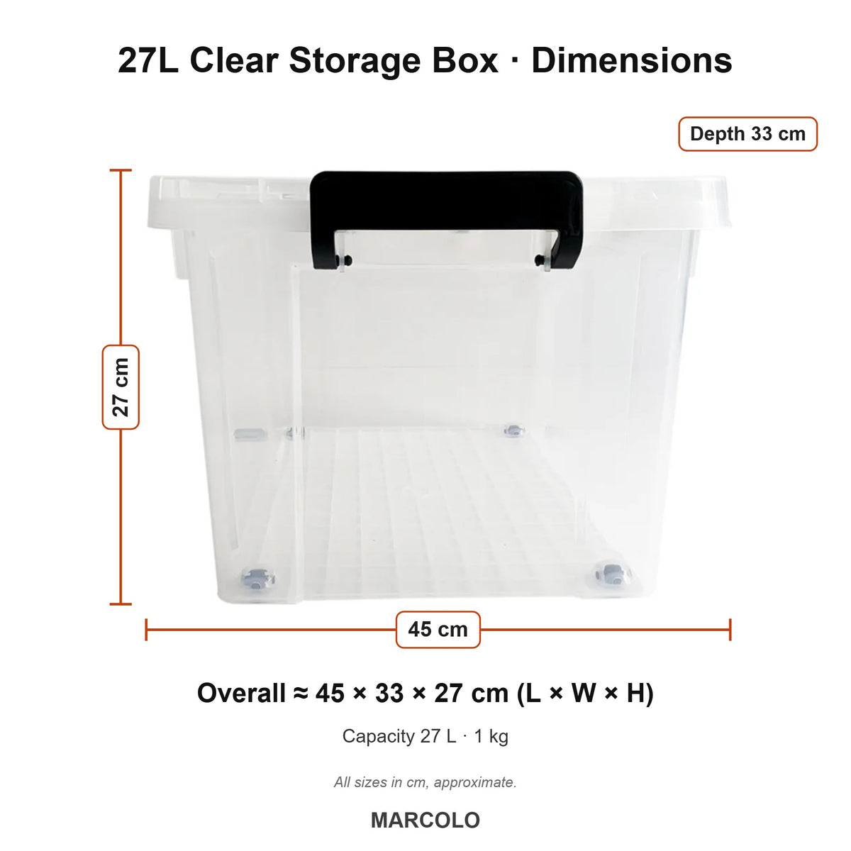 27L Clear Storage Box with Wheels & Lid – dimensions