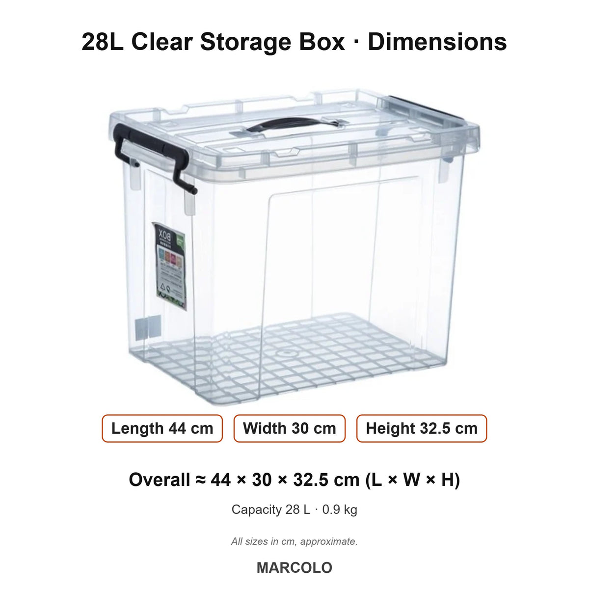 28L Clear Storage Box with Lid and Lock Handles – dimensions