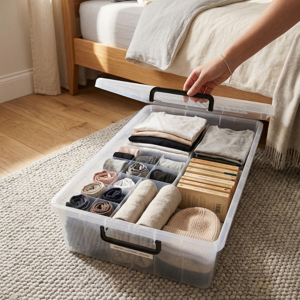 35L Underbed Storage Box with Lid – Transparent Stackable Organizer with Handles