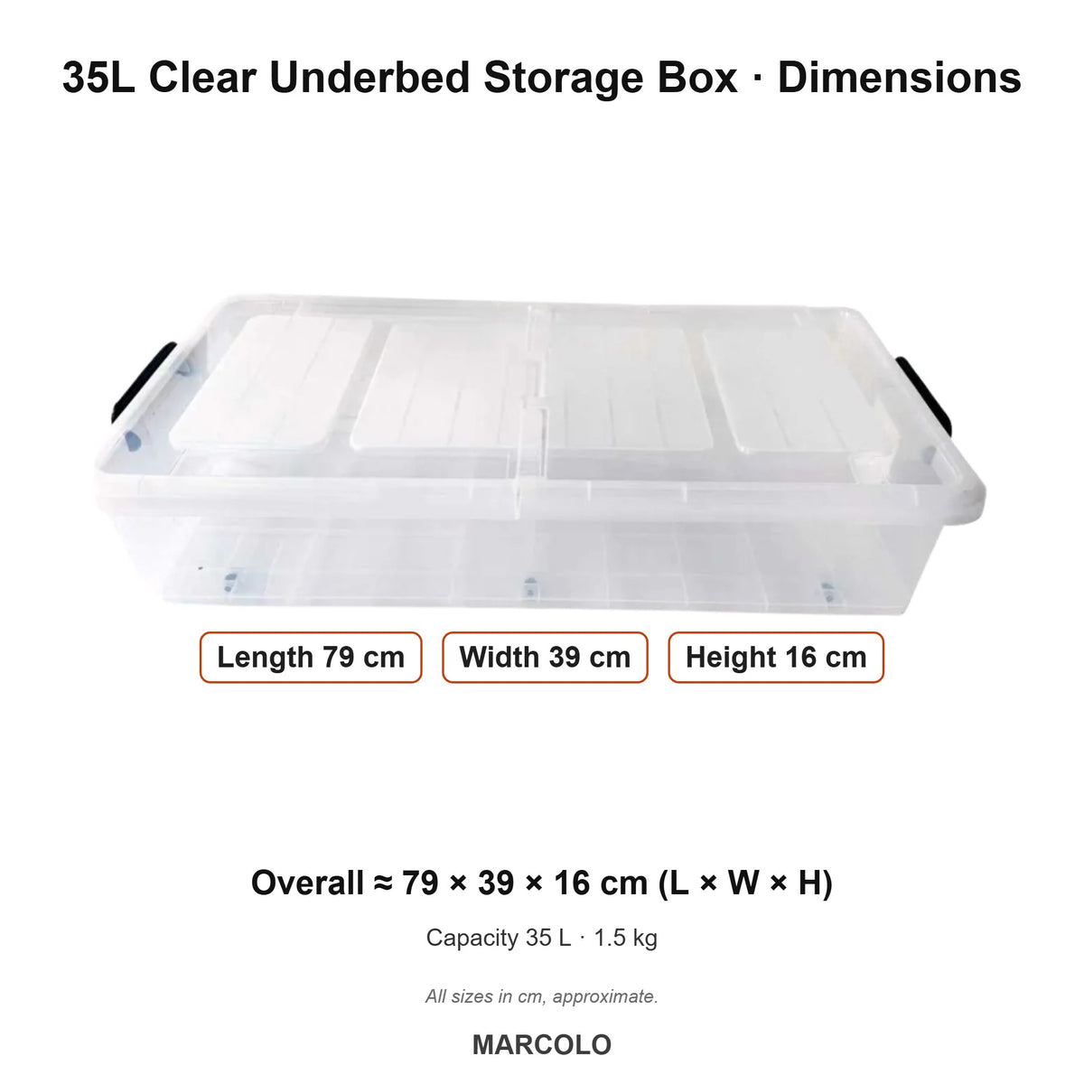 35L Clear Underbed Storage Box with Lid – dimensions