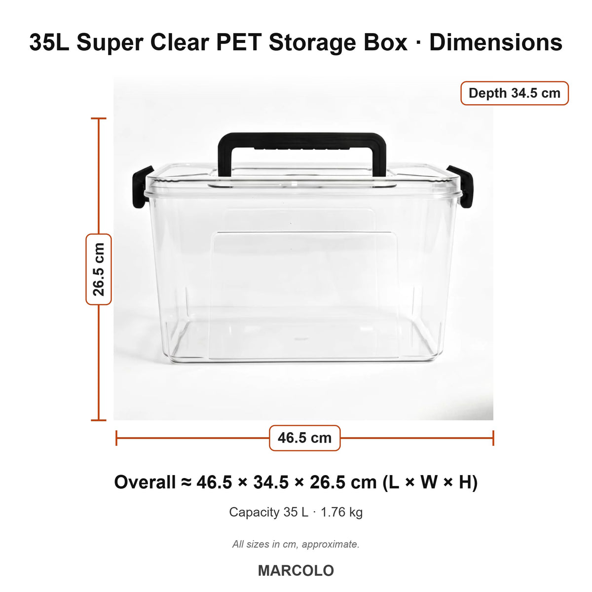 35L Super Clear PET Storage Box with Locking Lid – dimensions