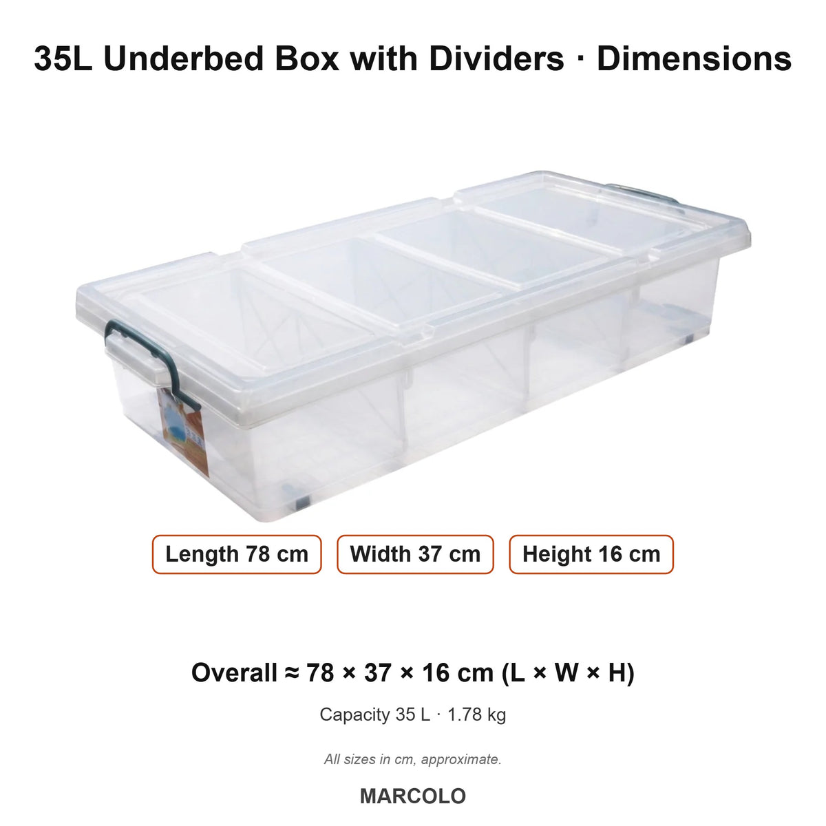 35L Underbed Storage Box with Dividers & Lid – dimensions