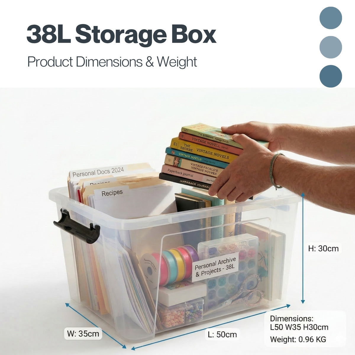 Marcolo 38L transparent storage box with secured black lid
