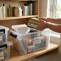 Marcolo 38L transparent storage box used for book storage