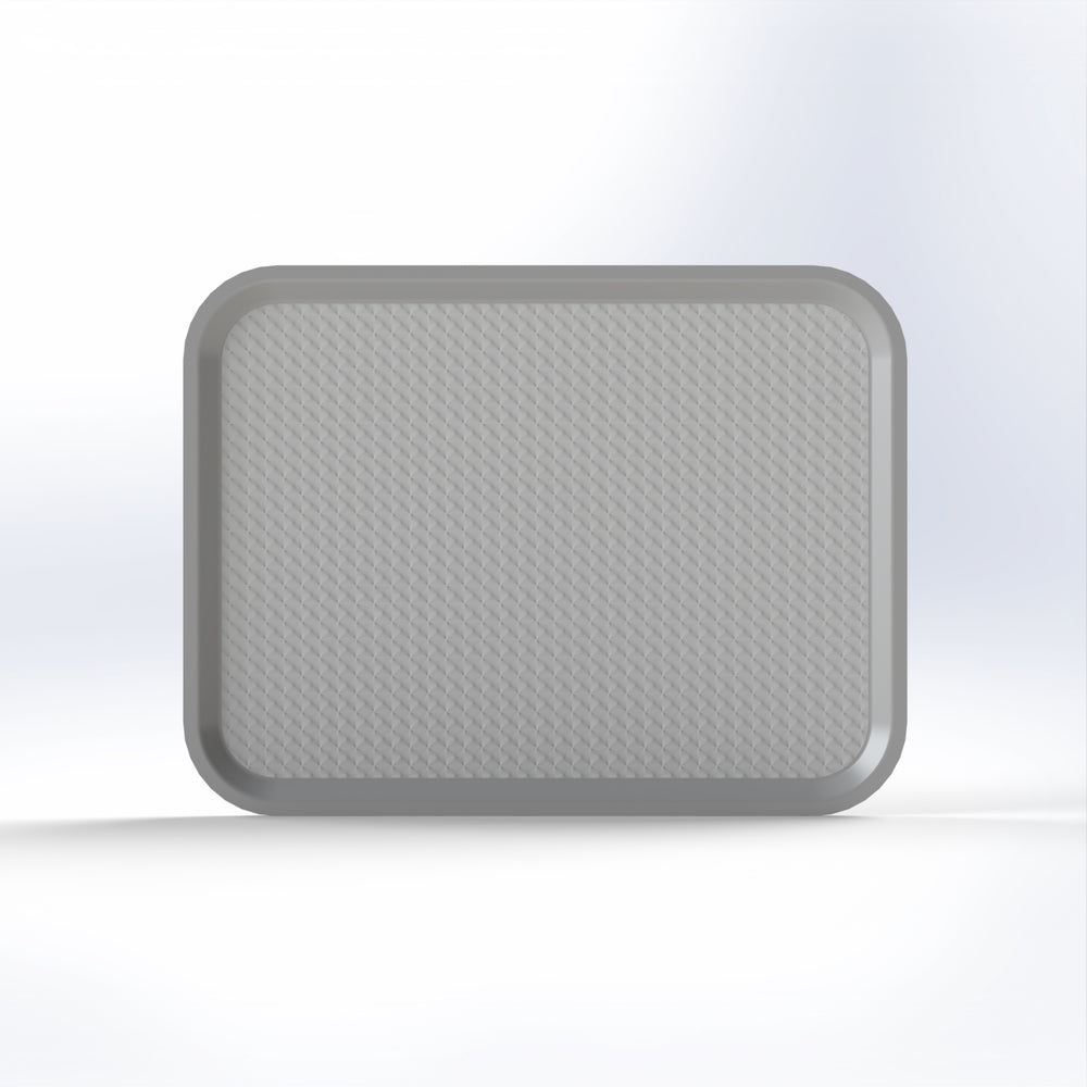 Rectangular, textured, light-gray plastic serving tray.