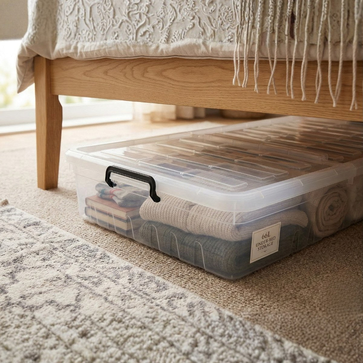 Marcolo 40L underbed storage box with wheels under a bed, filled with bedding