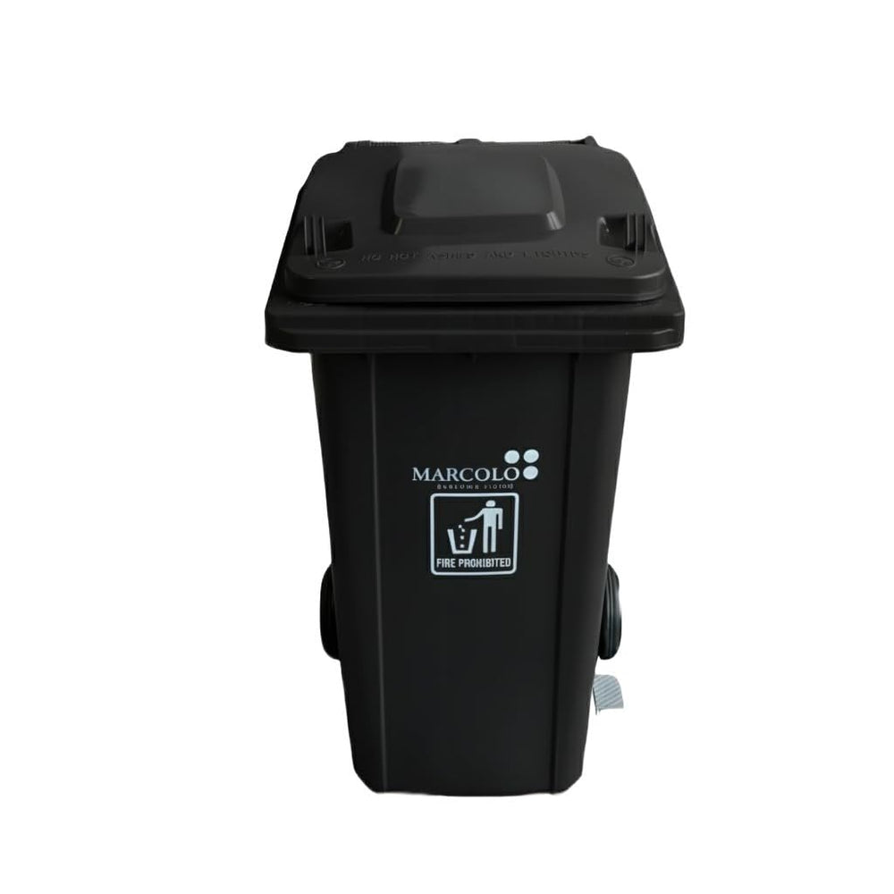 120L side-pedal waste bin with wheels - black, front view on white background